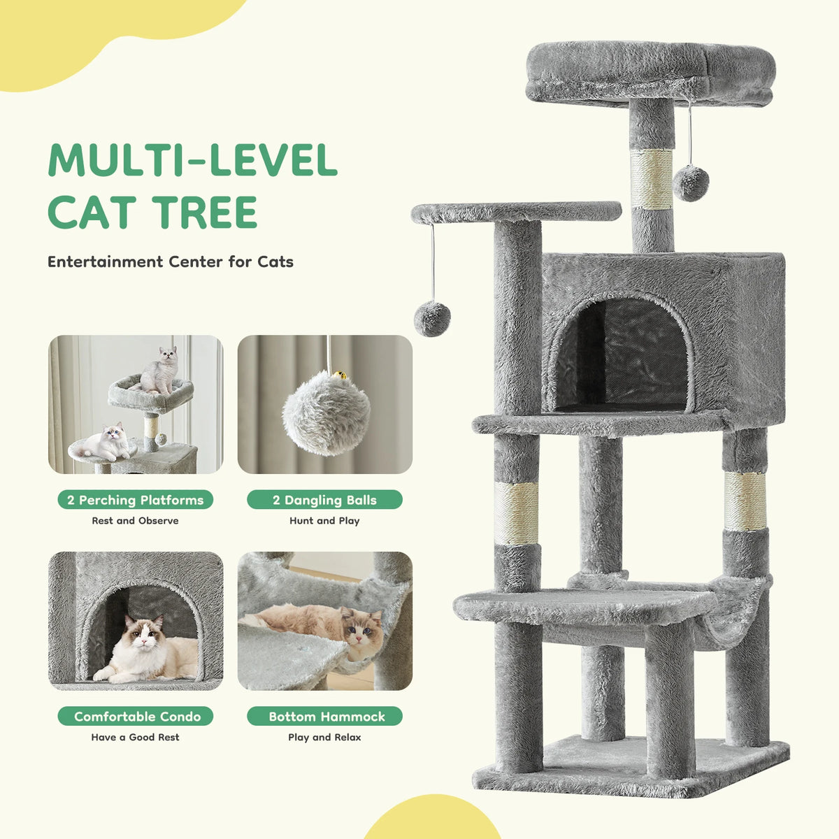 Arbre à chat gris à plusieurs niveaux avec plateformes, balles suspendues et hamac pour chats d'intérieur.