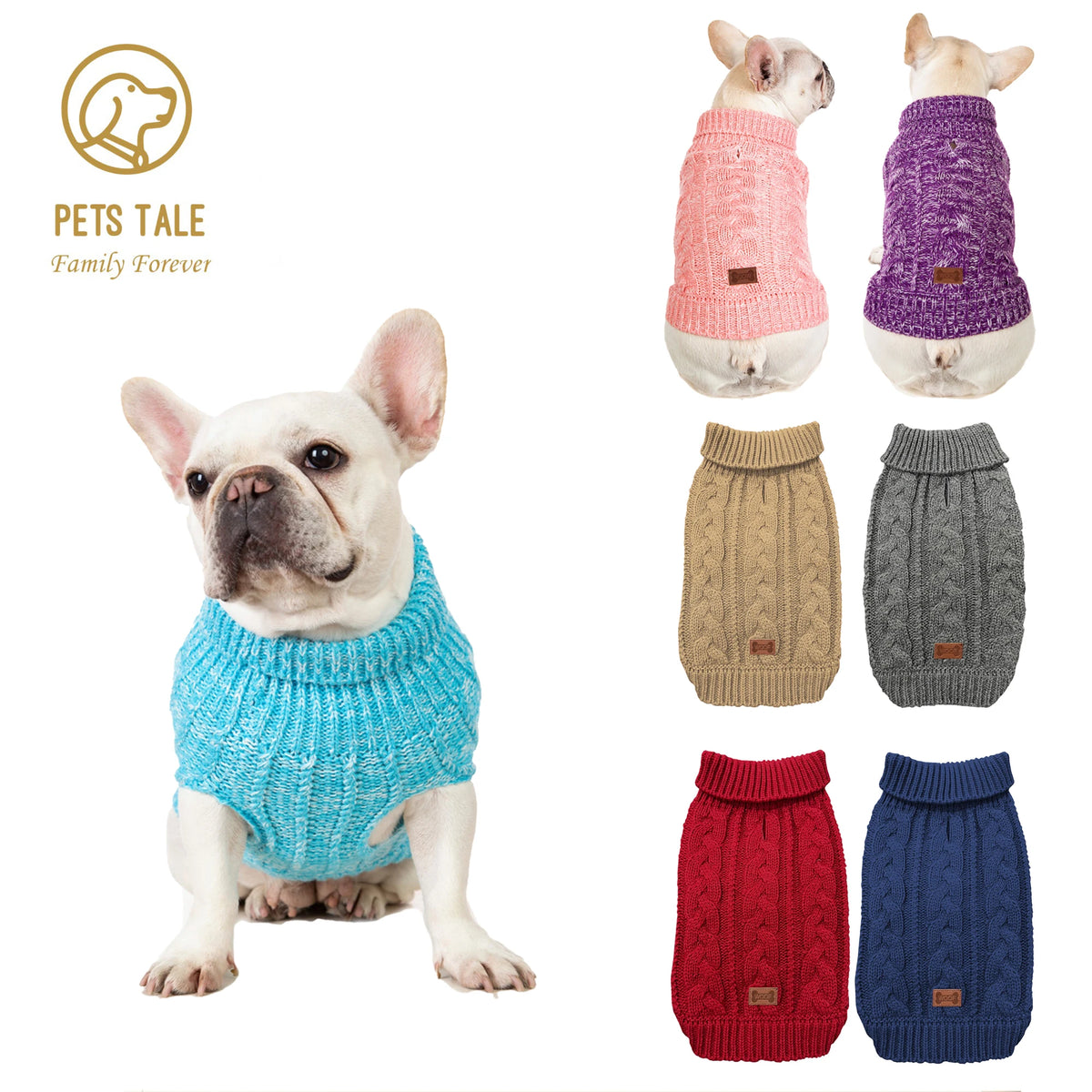 A white dog wearing a bright blue knitted sweater, shown next to various colored knitted dog sweaters.
