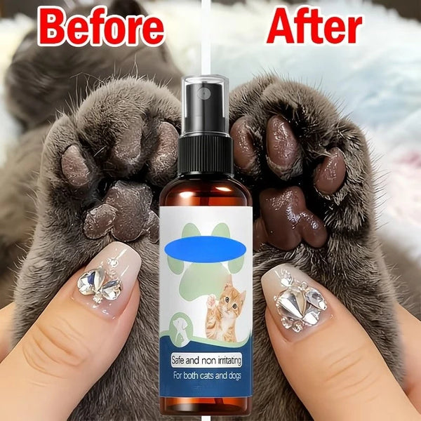 Before and after comparison showing a natural paw care spray for dogs and cats on a cat's paw.