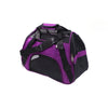 A purple and black portable foldable pet carrier for cats, dogs, and puppies.