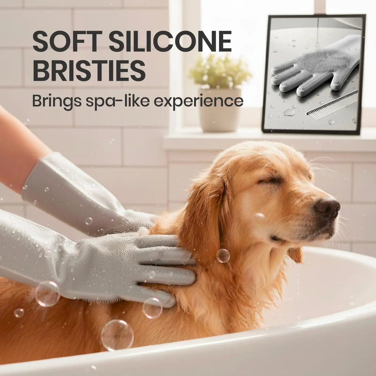 A golden retriever is being gently groomed with soft silicone bristles on its fur in a bathtub.