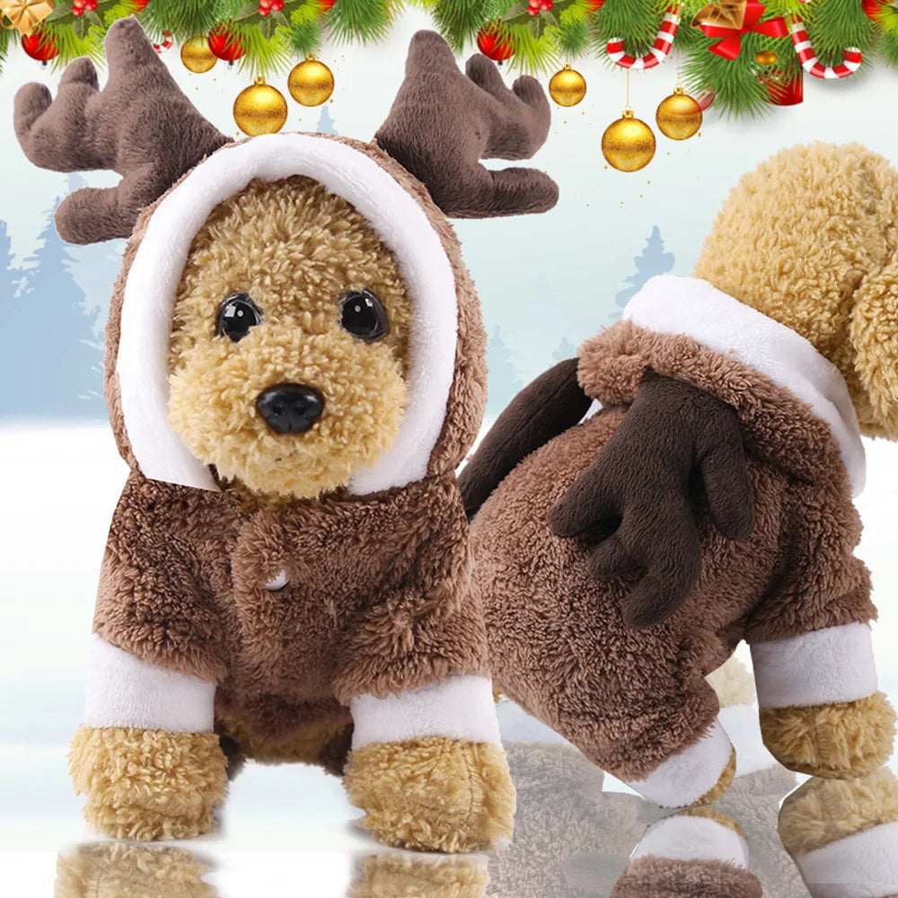 Adorable animal-shaped hooded coat for a small dog, featuring brown fur and white trim.