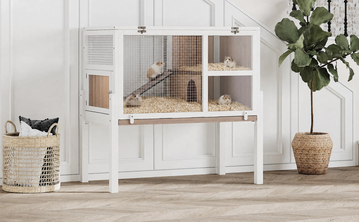 Wooden 2-Story Small Pet Cage with Stand, Ramp, and Hideout