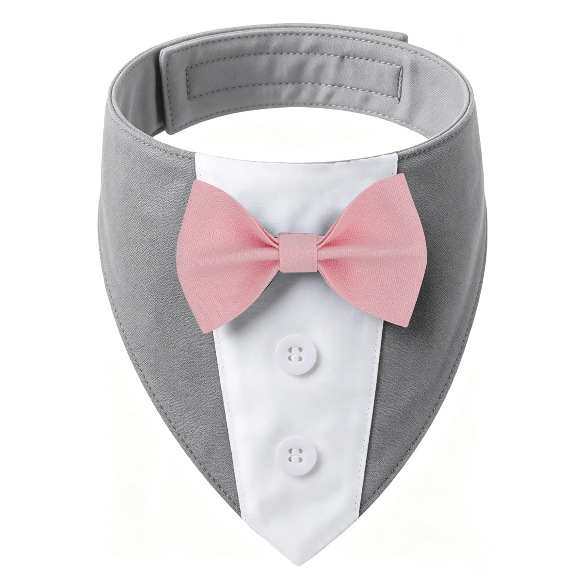A gray and white elegant dog tuxedo bandana with a pink bow