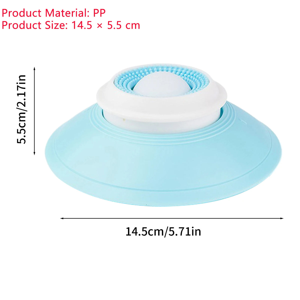 A light blue silicone licking mat with a white dome for pets, measuring 14.5 x 5.5 cm.