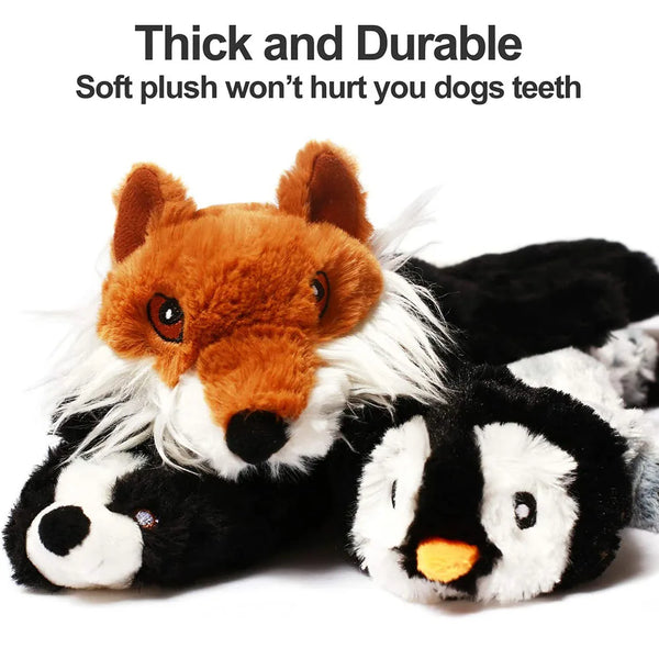A plush toy resembling a fox and a panda is shown, designed as a durable simulated animal squeaky dog chew toy.