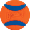 An orange rubber ball toy with blue accents and the Chuckit brand logo molded into the surface.