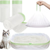White and green heavy duty cat litter box liners with drawstring closure and a hanging dispenser.