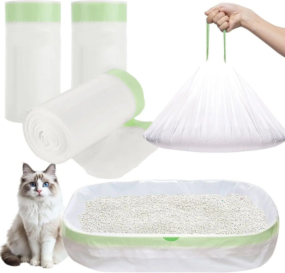 White and green heavy duty cat litter box liners with drawstring closure and a hanging dispenser.