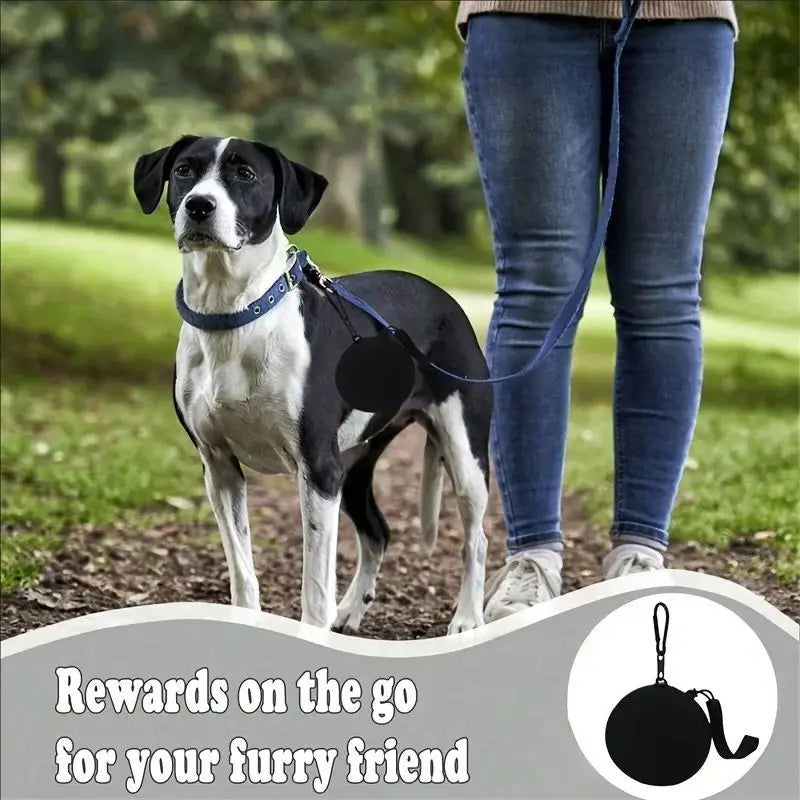 A black and white dog stands next to a person, with a silicone pet treat pouch visible in the foreground.