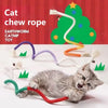 A tabby kitten is playing with a colorful cat chew rope toy against a background featuring a green Christmas tree.