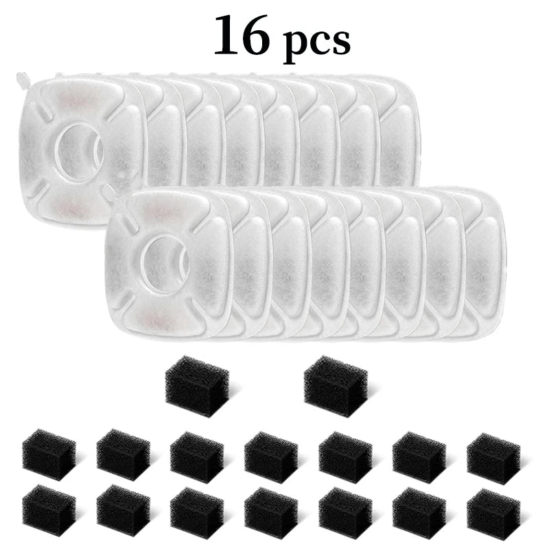 A set of 16 clear silicone replacement filters for a cat water fountain, including various sizes.