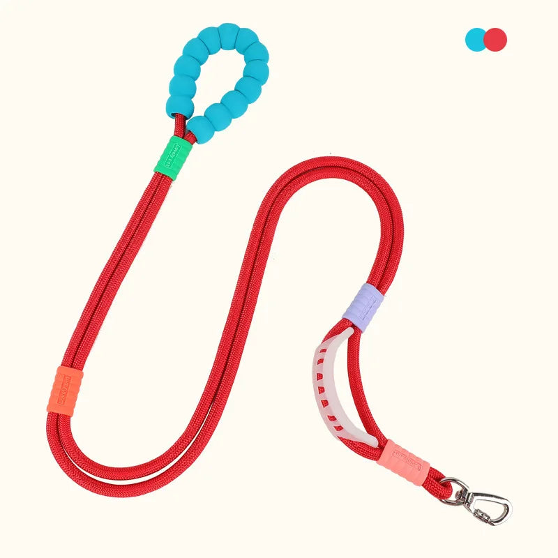 Red adjustable hands-free dog leash with blue and red clips