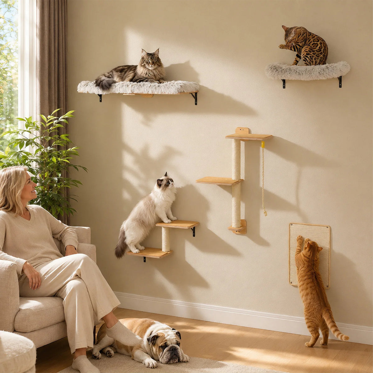 Modular Wall-Mounted Cat Climbing Shelves with Scratching Posts