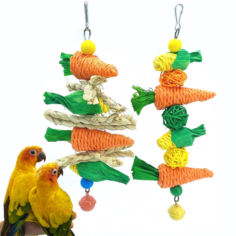 Jouet pour animaux tissé à la main, vigne naturelle avec des carottes orange vif et des feuilles vertes avec des accents jaun