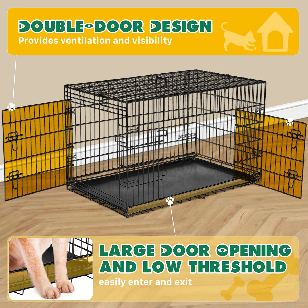 Extra-Large Foldable Metal Dog Crate with Double Doors and Leak-Proof Tray