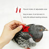 A hand is adjusting a red round hole on an adjustable parrot harness worn by a dove.