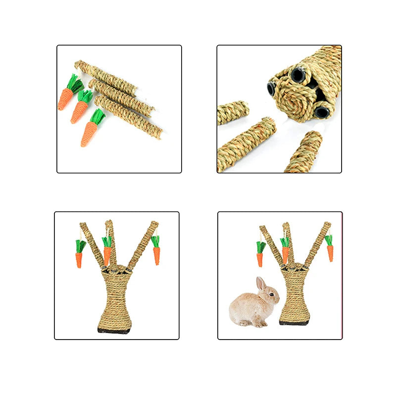A set of natural grass carrot tree chew toys for rabbits and small pets, including various sized carrot-shaped toys.