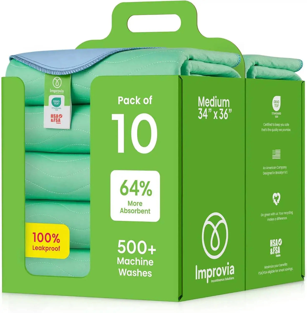 Pack of 10 green reusable cotton underpads for incontinence and pet training