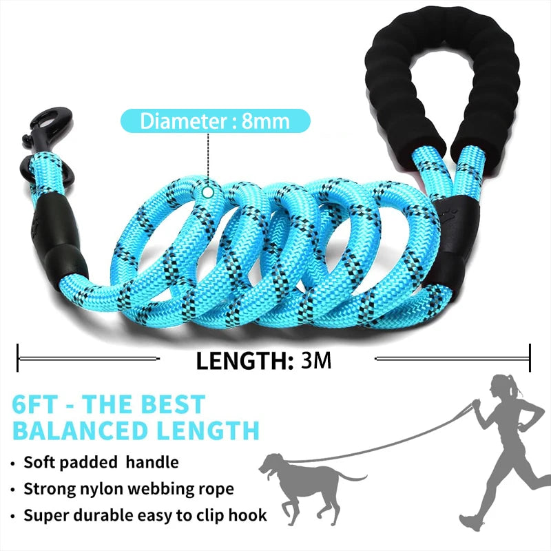 A blue and black nylon dog leash with a padded handle, measuring 3 meters long.