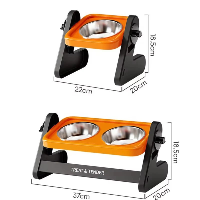 Orange and black adjustable raised cat bowl with a stand for feeding.