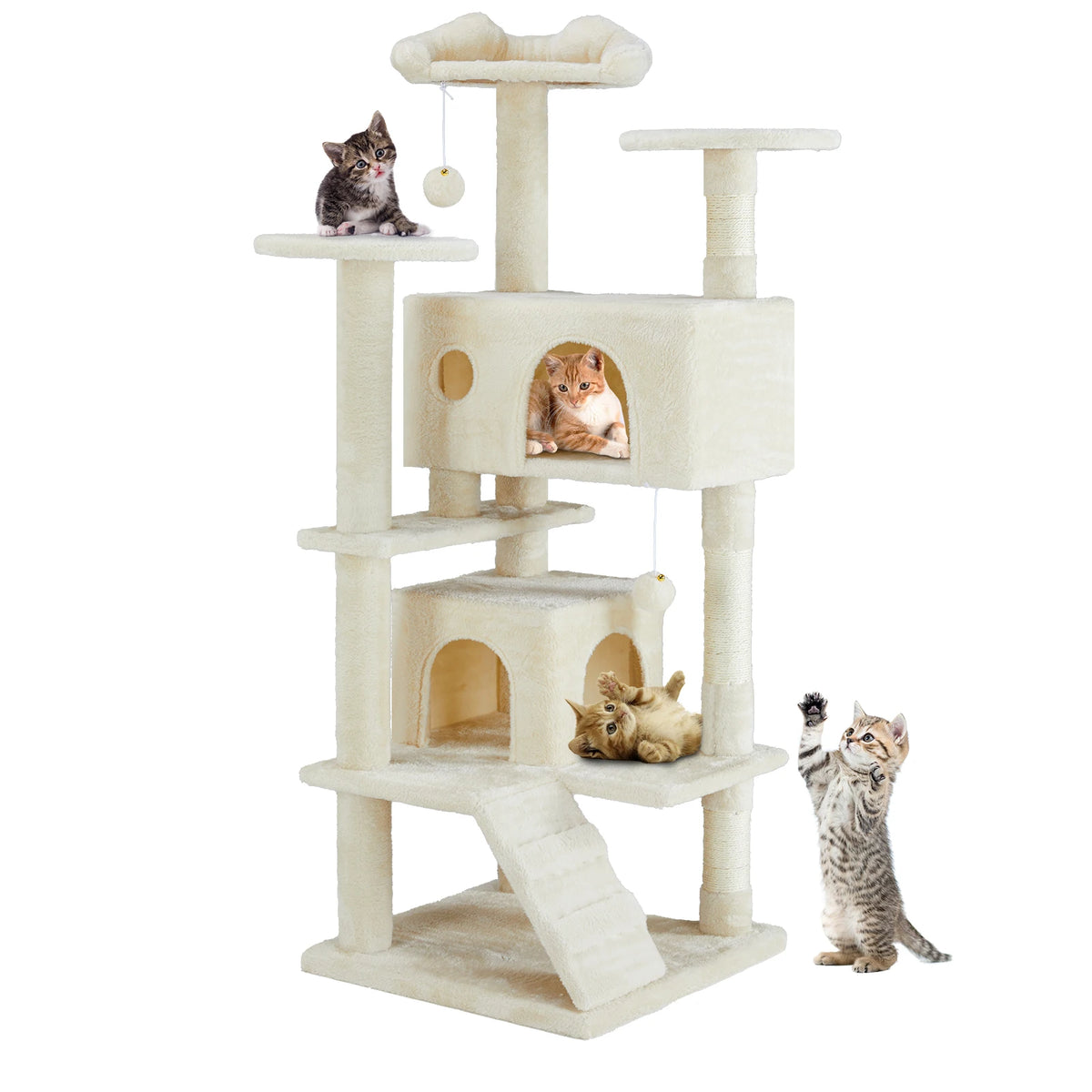 A multi-level cat tree featuring scratching posts and condos, with a kitten perched on top and another cat standing nearby.