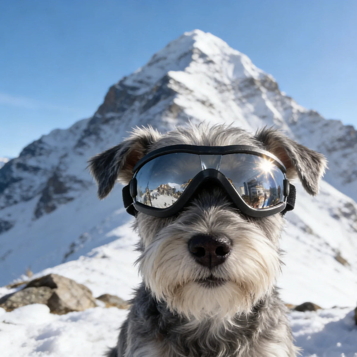 A dog wearing black UV protection sunglasses stands in a snowy mountain landscape.