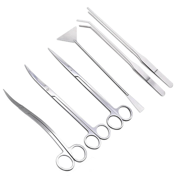 A set of precision stainless steel aquarium cleaning tools including various scrapers and forceps.