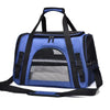 A blue and black foldable pet travel carrier bag with a breathable mesh window and carrying handles.