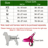 A diagram showing the chest girth measurement of a dog and a pink harness for a leash and harness product.