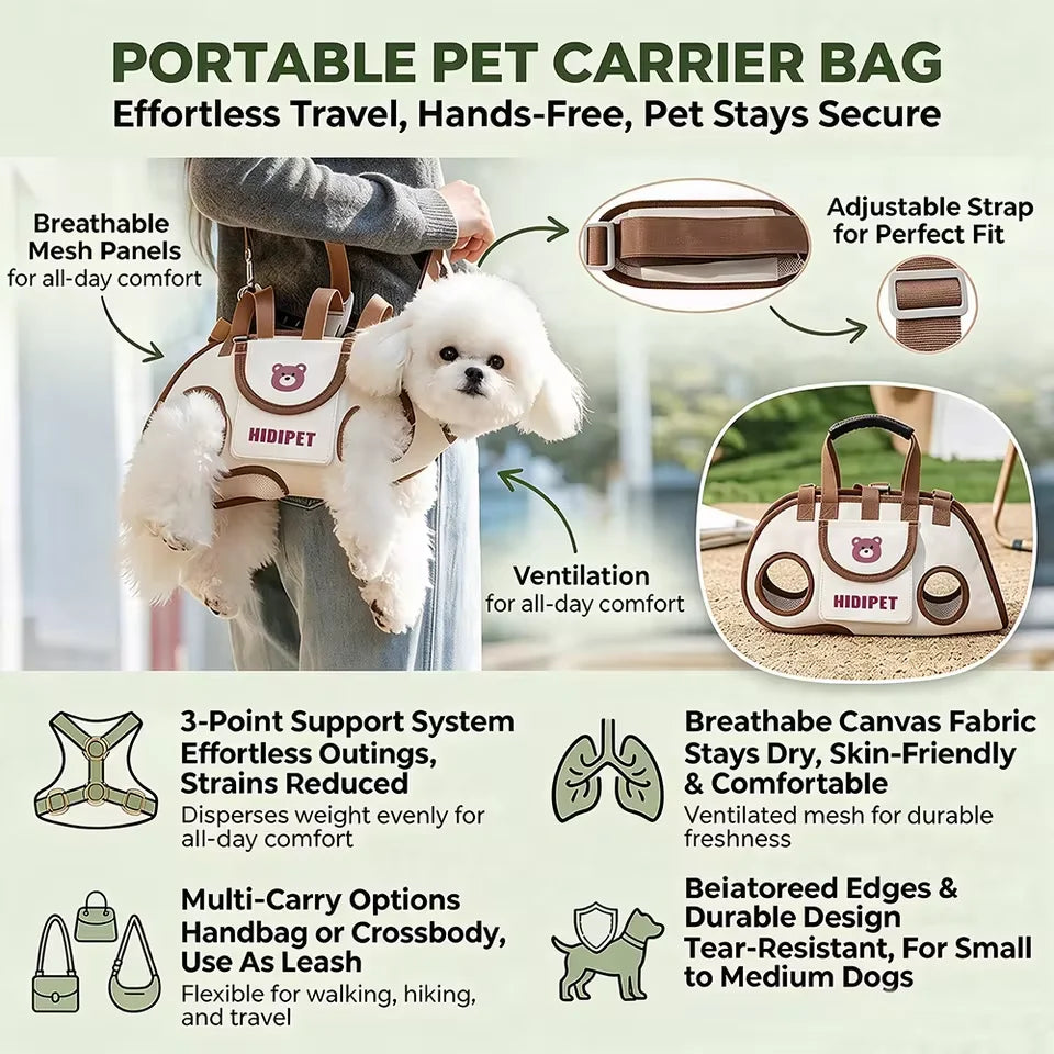 A portable pet carrier bag for small dogs featuring breathable mesh panels, adjustable straps, and a multi-carry design.