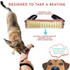 A dog is shown interacting with a durable woven burlap toy designed to take a beating for training.