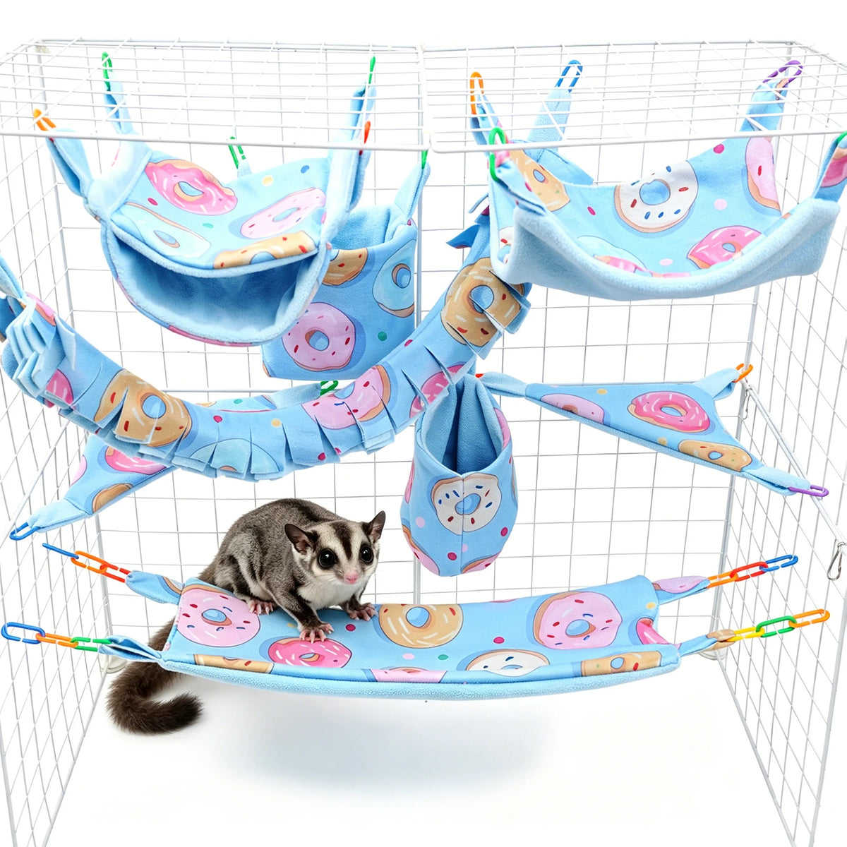 Columpio y juego multiuso para mascotas con hamacas de tela coloridas para gatos y animales pequeños.