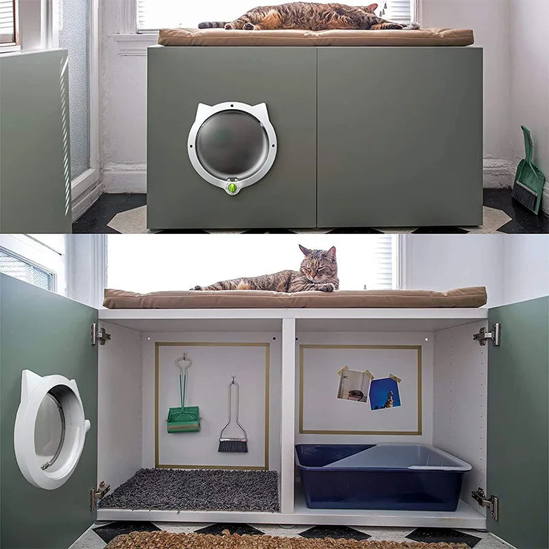 A gray pet door flap is installed in a cabinet, showing a cat resting on a wooden platform.