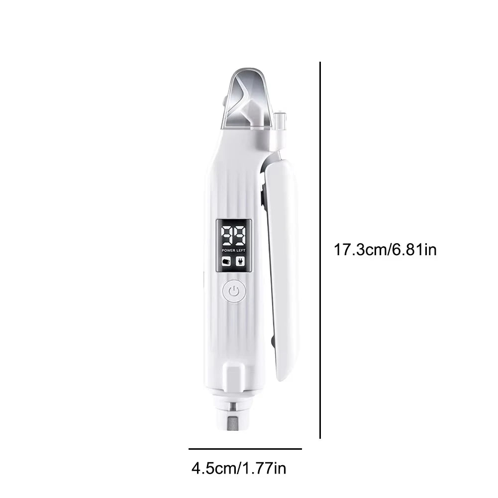 Weißer 2-in-1 elektrischer Nageltrimmer und Schleifwerkzeug für Haustiere.