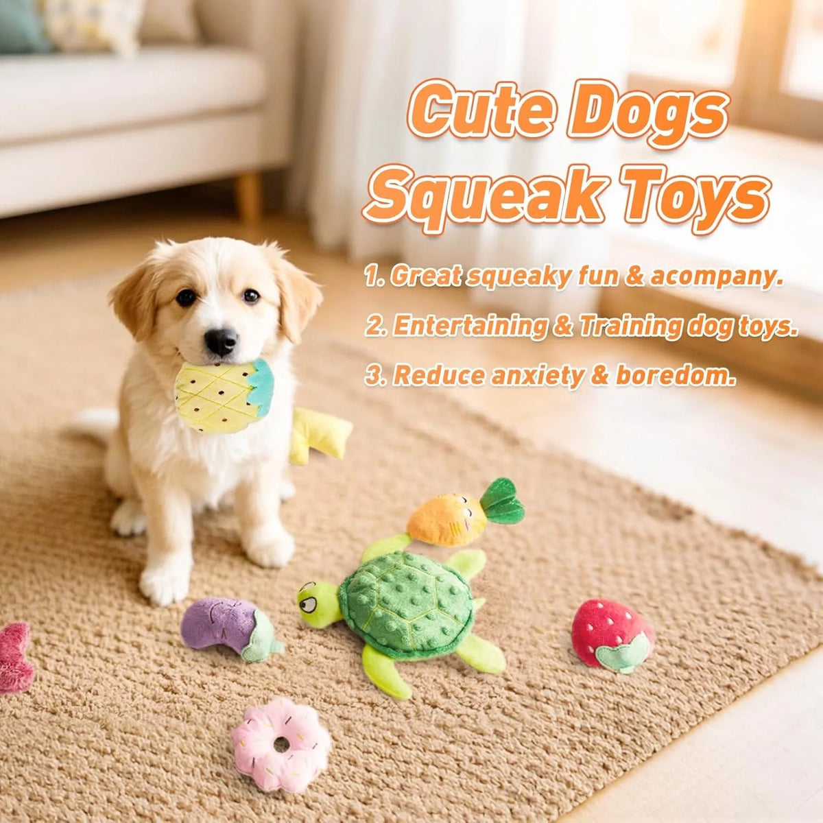 A pile of 20 squeaky plush dog toys shaped like fruit and animals on a beige mat.