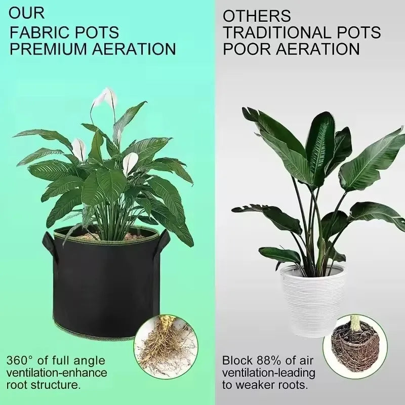 Fabric pots for premium aeration showing a plant in a black pot and a diagram of root structure.