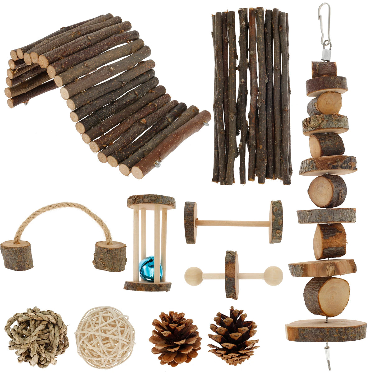 Natural Wood Chewing Toy Set for Small Pets