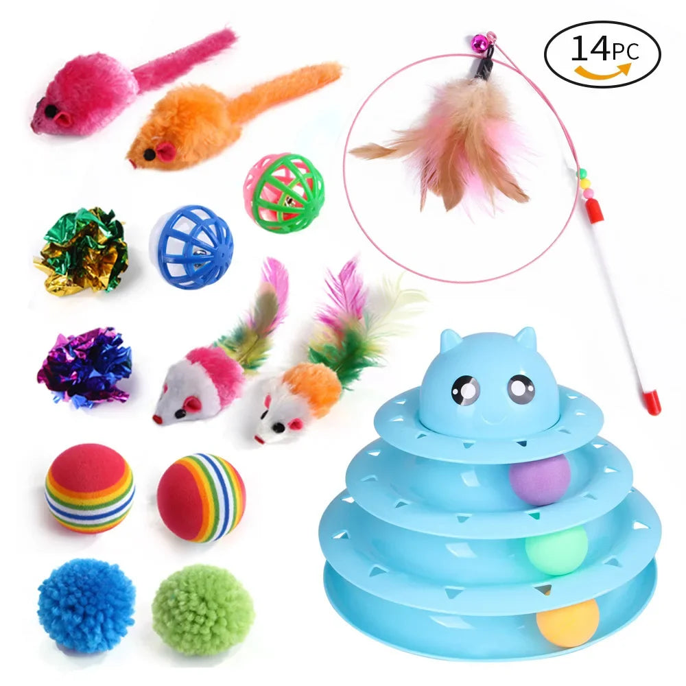 A variety set of 14 kitten toys including fluffy pink and orange creatures, green balls, and a blue stacking toy.