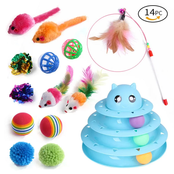 A variety set of 14 kitten toys including fluffy pink and orange creatures, green balls, and a blue stacking toy.
