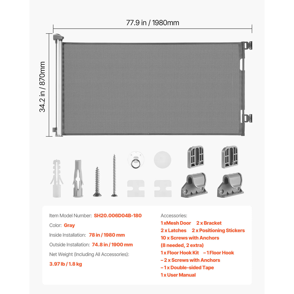 Gray retractable mesh safety gate measuring 77.9 in by 34.2 in with various installation accessories