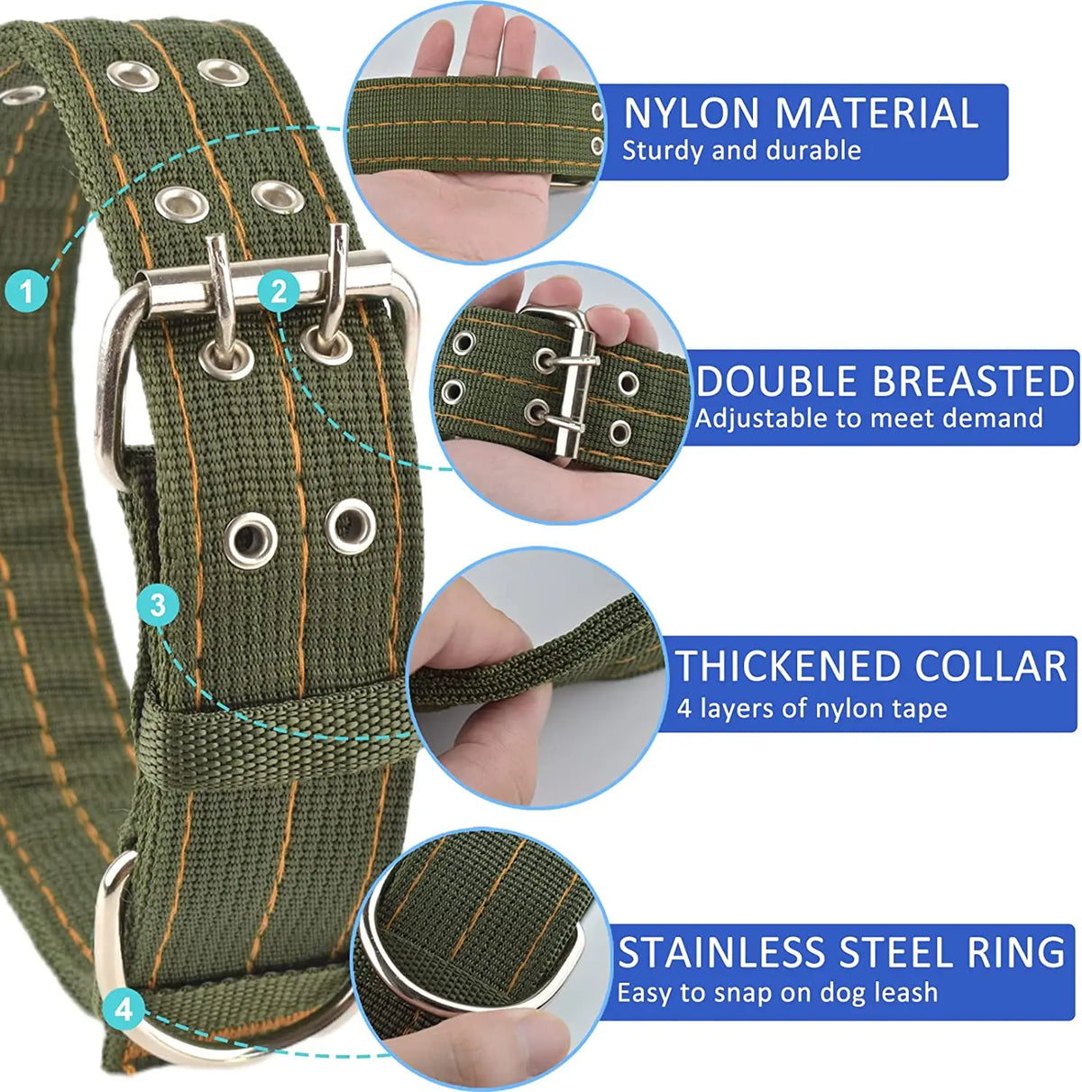 A close-up view of a green nylon tactical dog collar showing its features like double breasted design and stainless steel rin