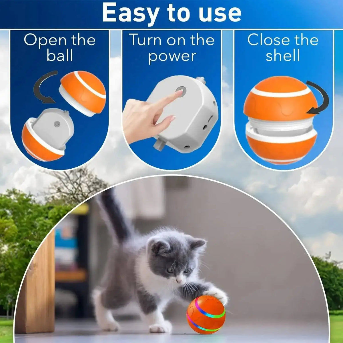 A cat plays with an orange ball, demonstrating the easy to use features of the smart interactive LED pet ball.