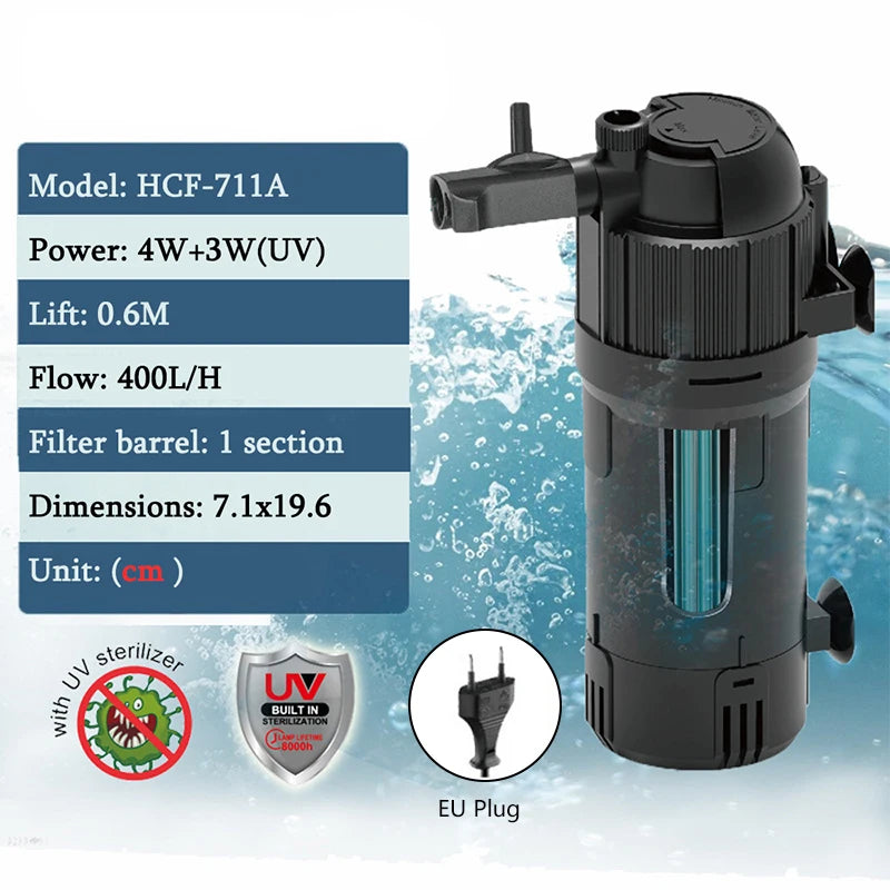Filtre Submersible 5-en-1 pour Aquarium avec Stérilisateur UV