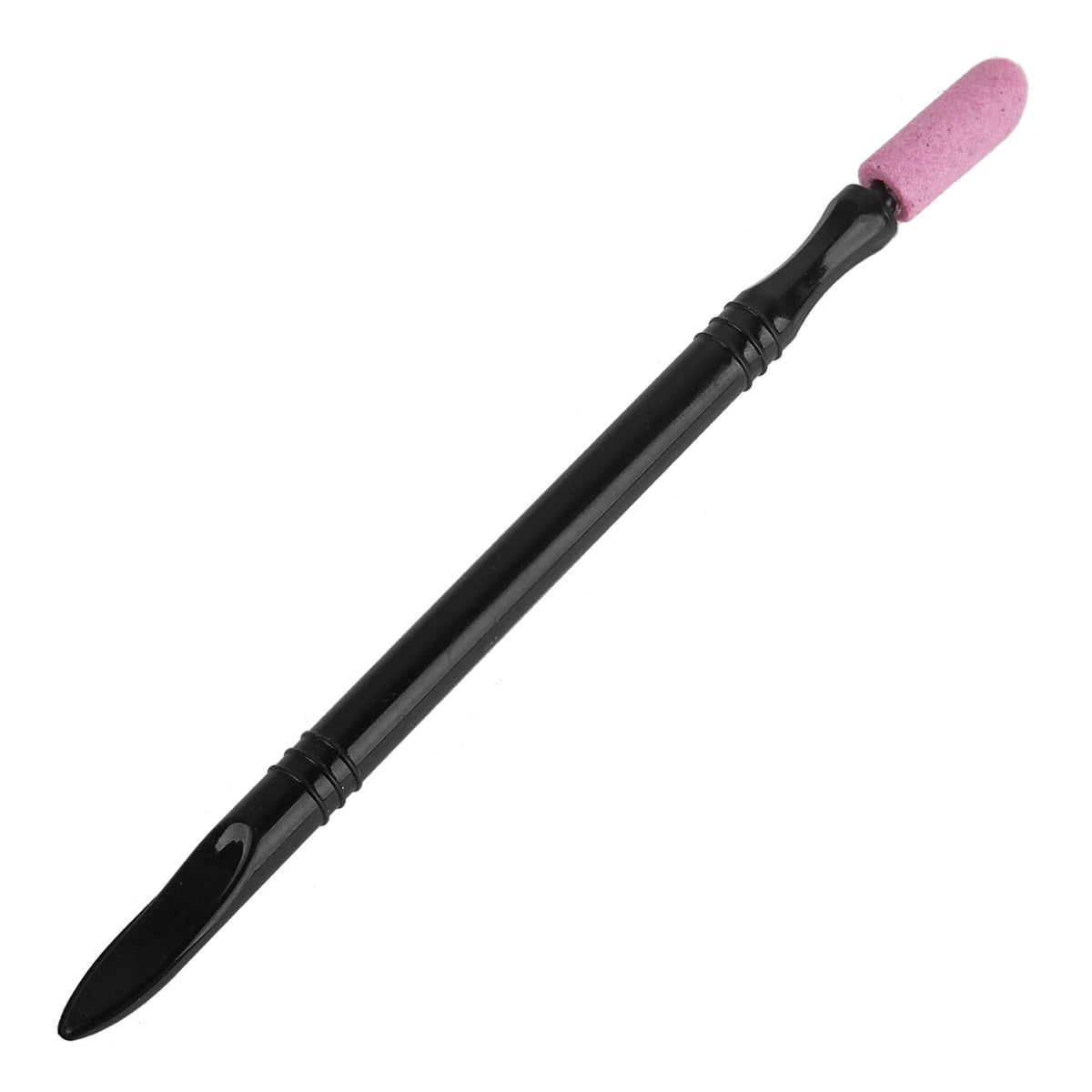 A black nail file cuticle pusher and buffer tool with a pink silicone tip.