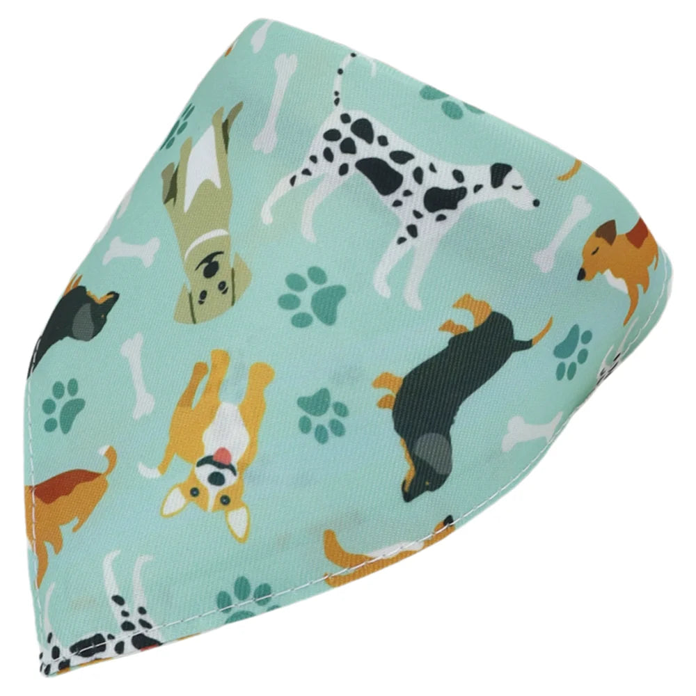 A light teal bandana featuring a cartoon print of various dog and cat paw prints and animal faces.