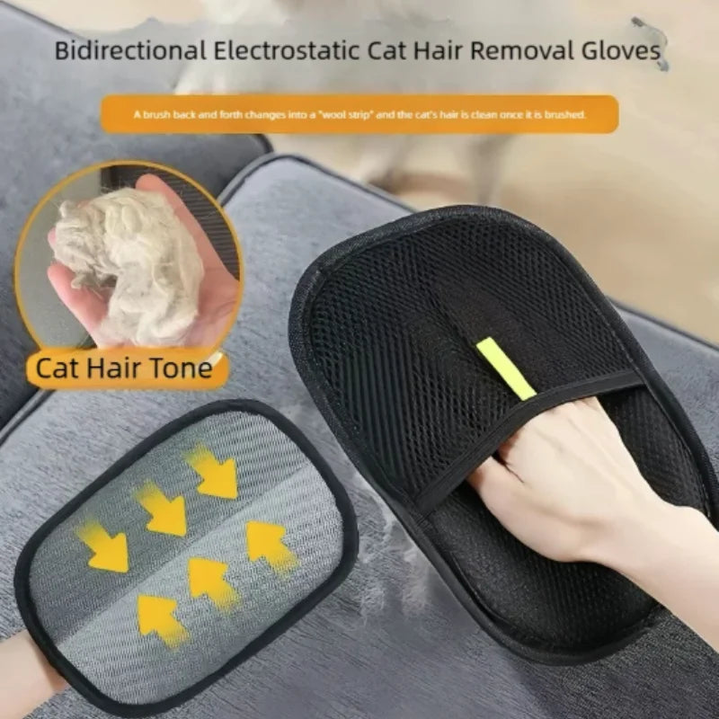 Black bidirectional electrostatic gloves used to remove cat hair from pets.