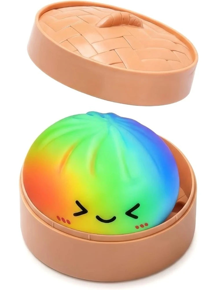 A rainbow-colored squishy toy shaped like a dumpling is placed in a terracotta-colored basket.