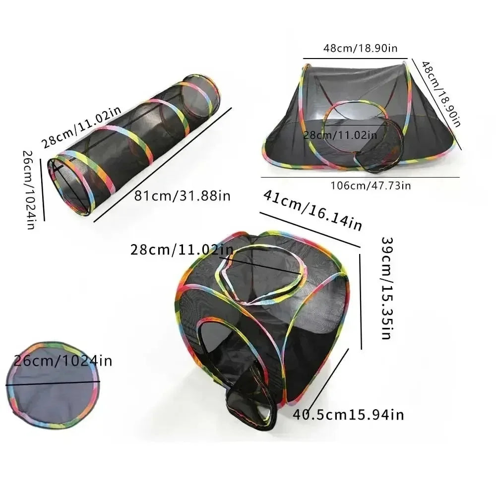 A set of multi-shape cat tunnels and playhouses featuring black and colored fabric for indoor and outdoor activity.