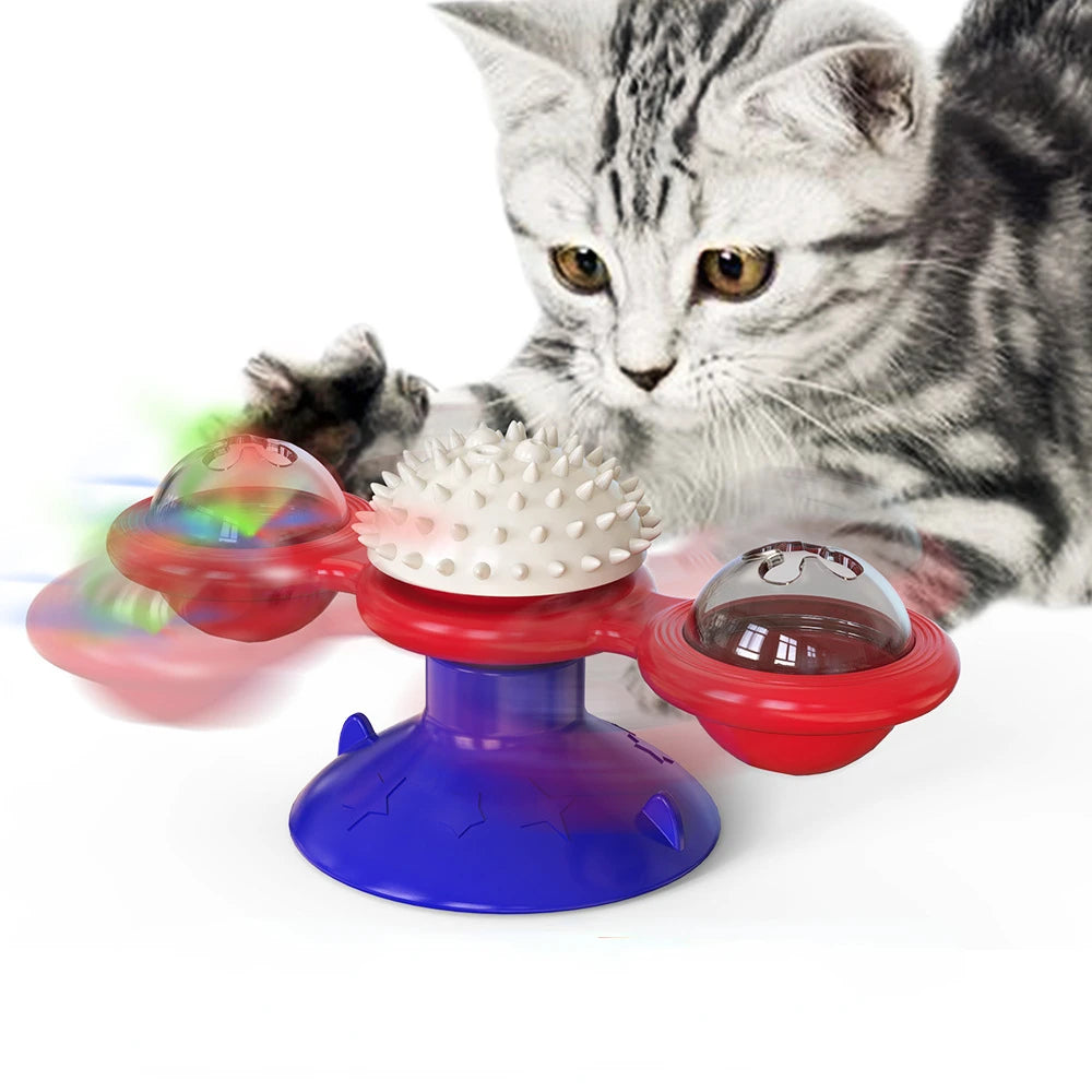 Un chaton tigré interagit avec un jouet de chat en éolienne plastique rouge et bleue.